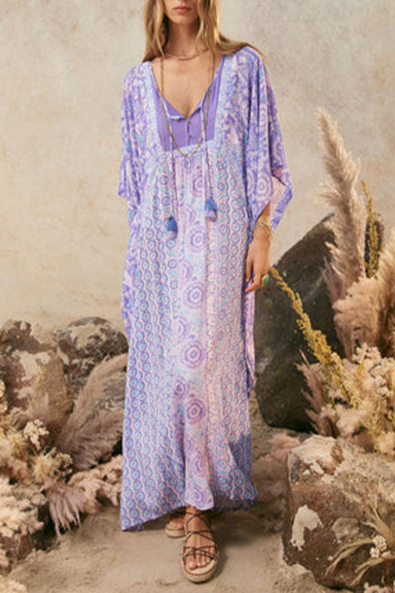 Women V-neck Long-sleeved Printed Casual Maxi Dress