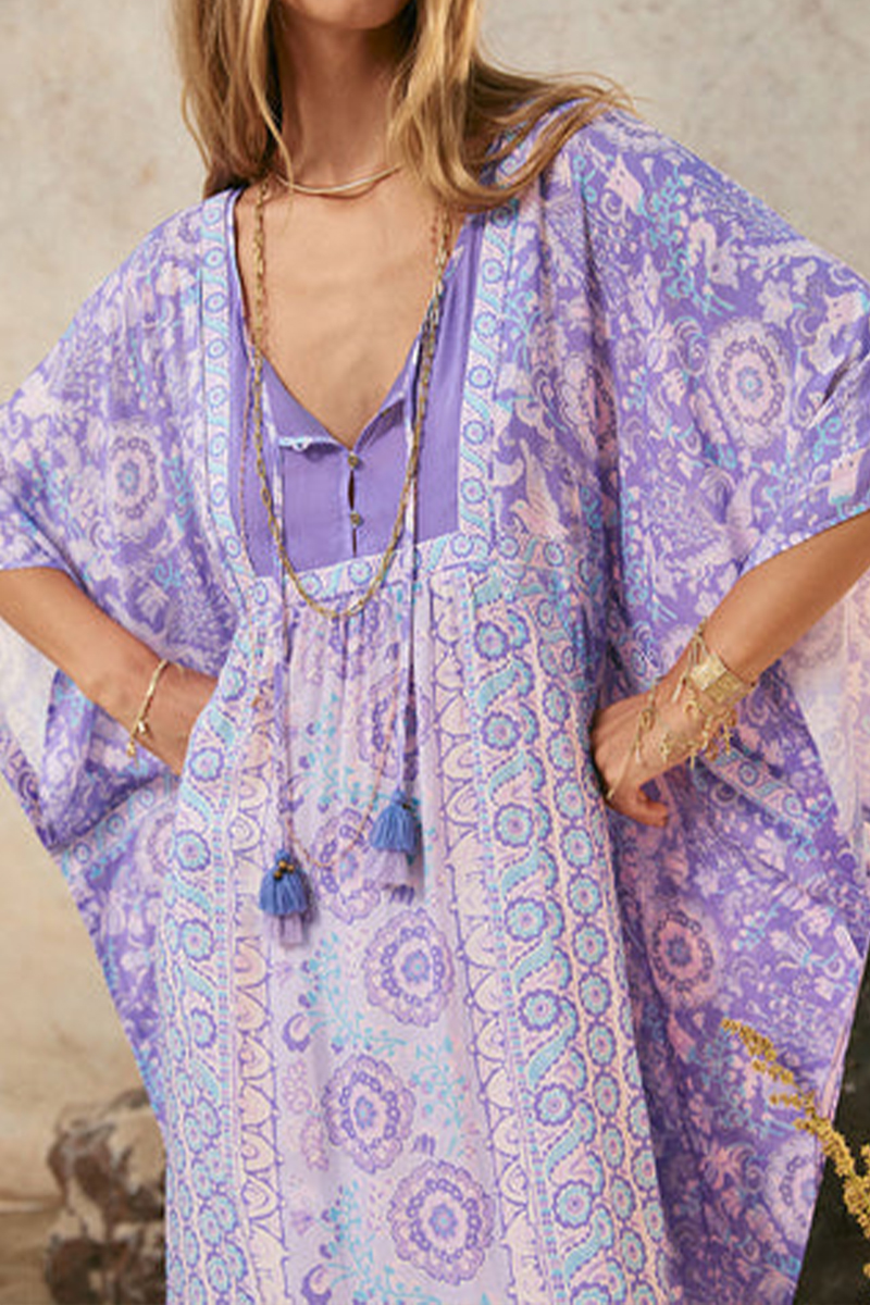 Women V-neck Long-sleeved Printed Casual Maxi Dress