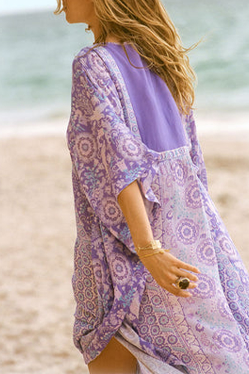 Women V-neck Long-sleeved Printed Casual Maxi Dress