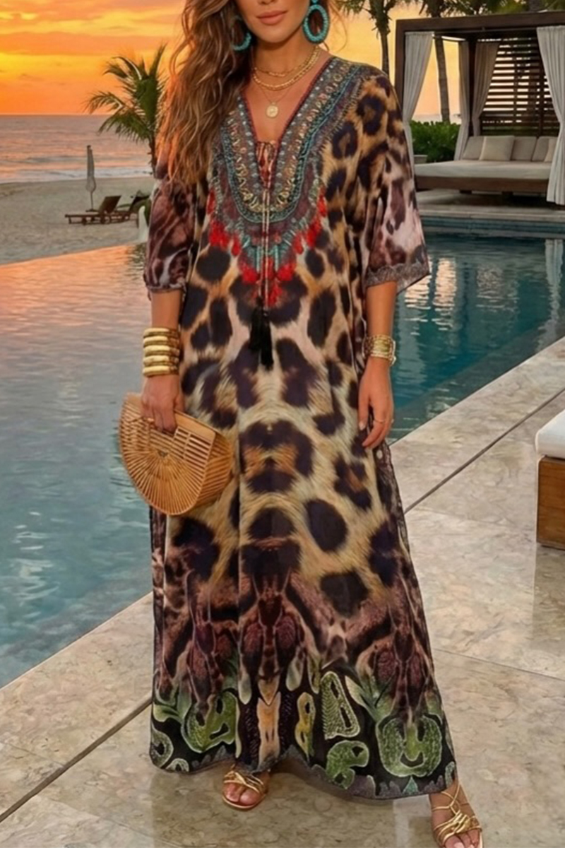 Women V-neck Printed Elbow-length Casual Maxi Dress