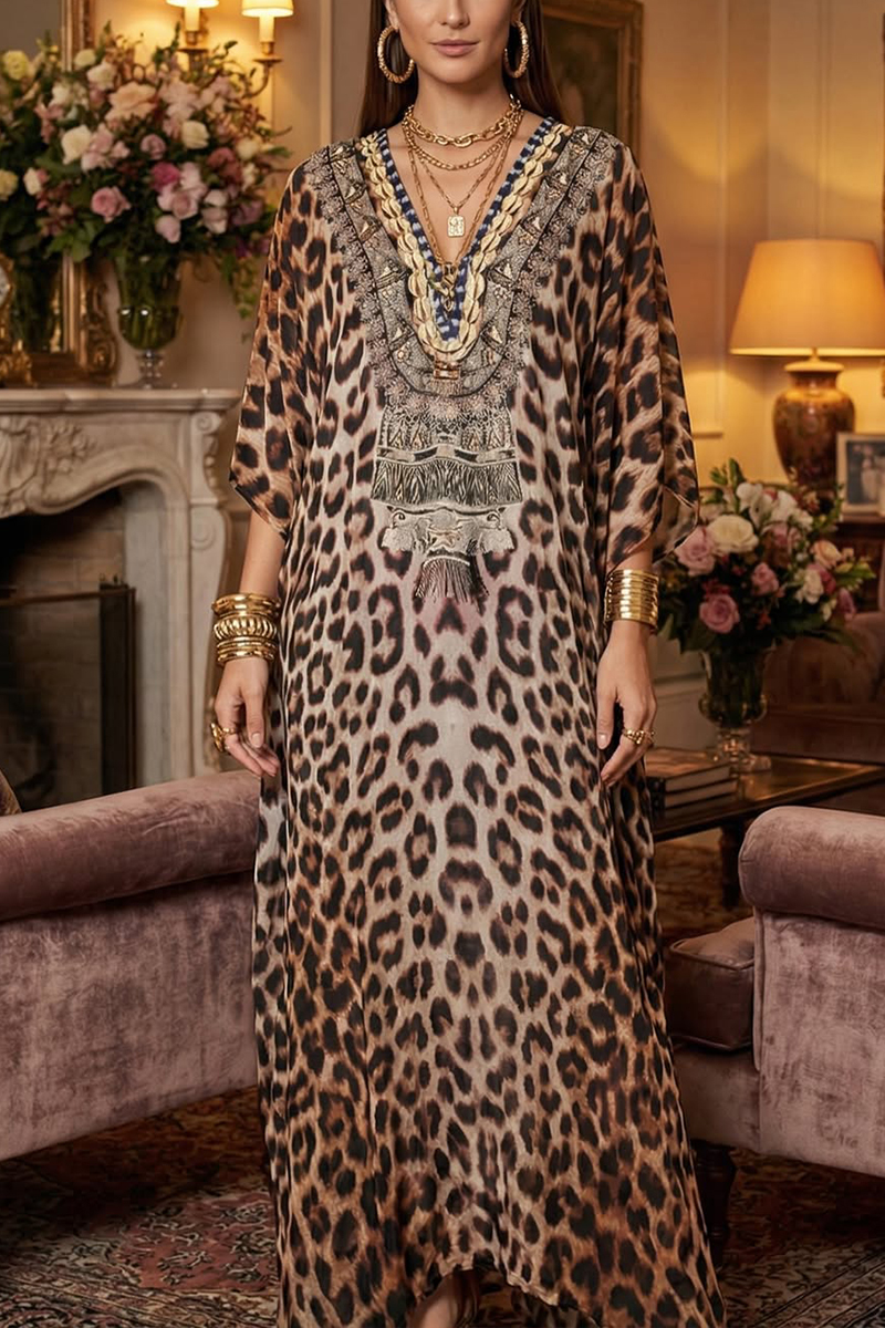 Women V-neck Leopard Print Elbow-length Casual Maxi Dress