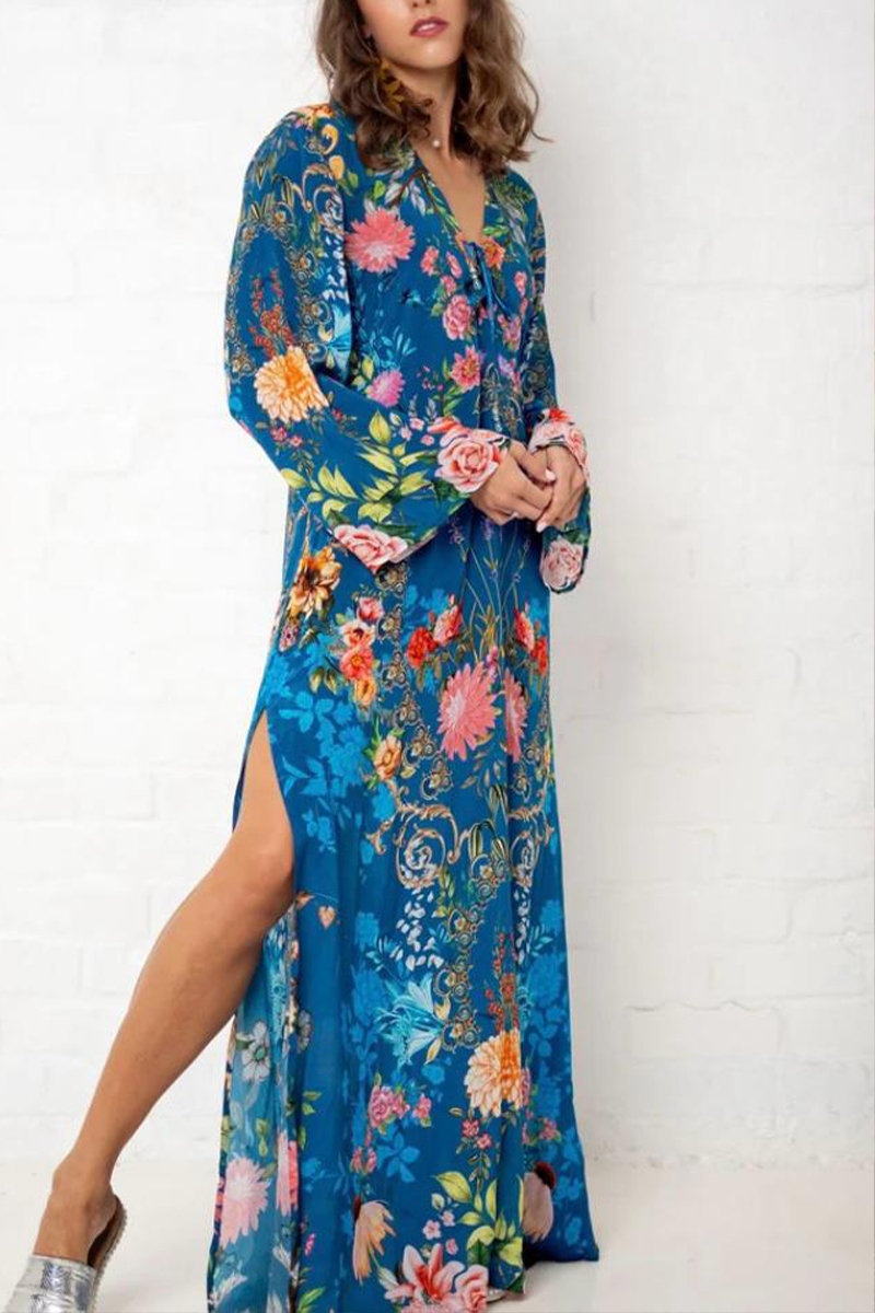 Women V-neck Long-sleeved Printed Casual Maxi Dress