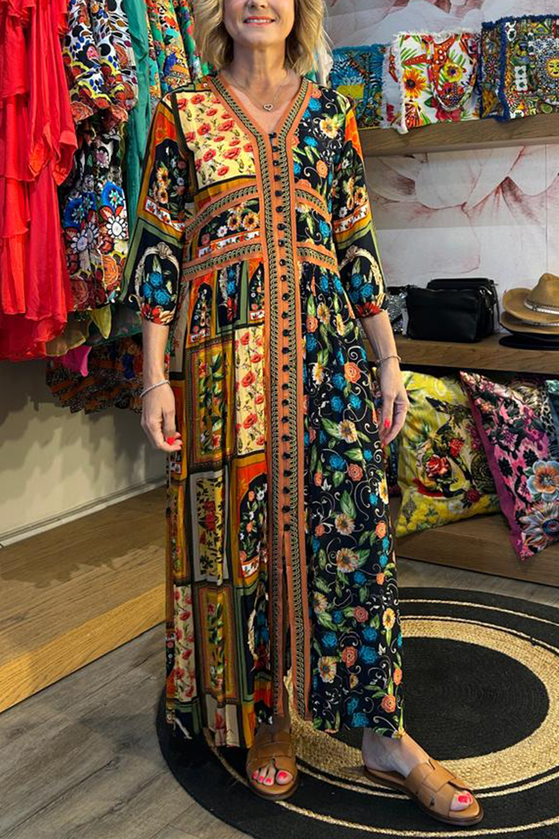 Women V-neck Elbow-length Sleeve Printed Casual Maxi Dress