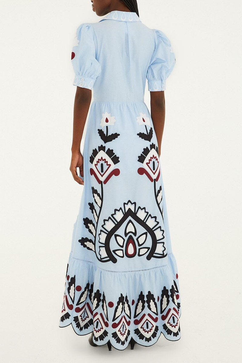 Womens Collar Short Sleeved Printed Casual Maxi Dress