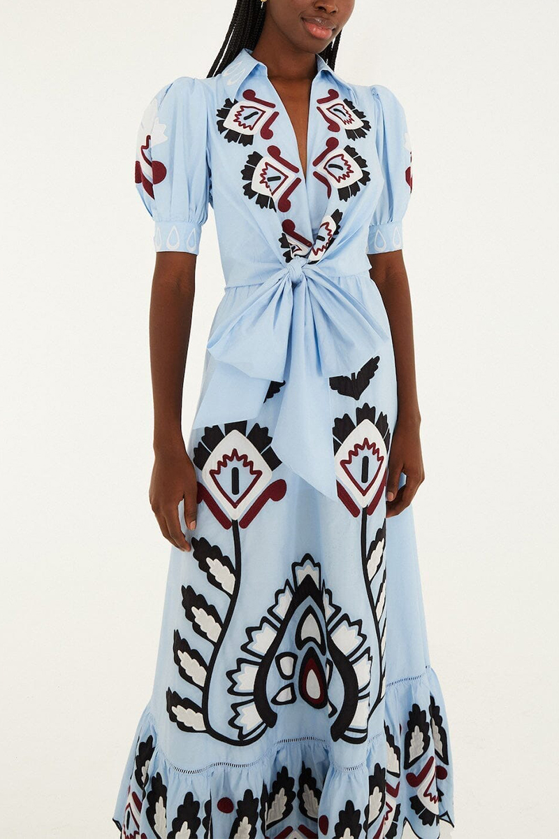 Womens Collar Short Sleeved Printed Casual Maxi Dress