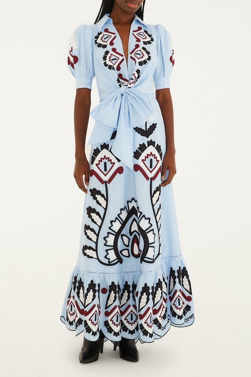 Womens Collar Short Sleeved Printed Casual Maxi Dress