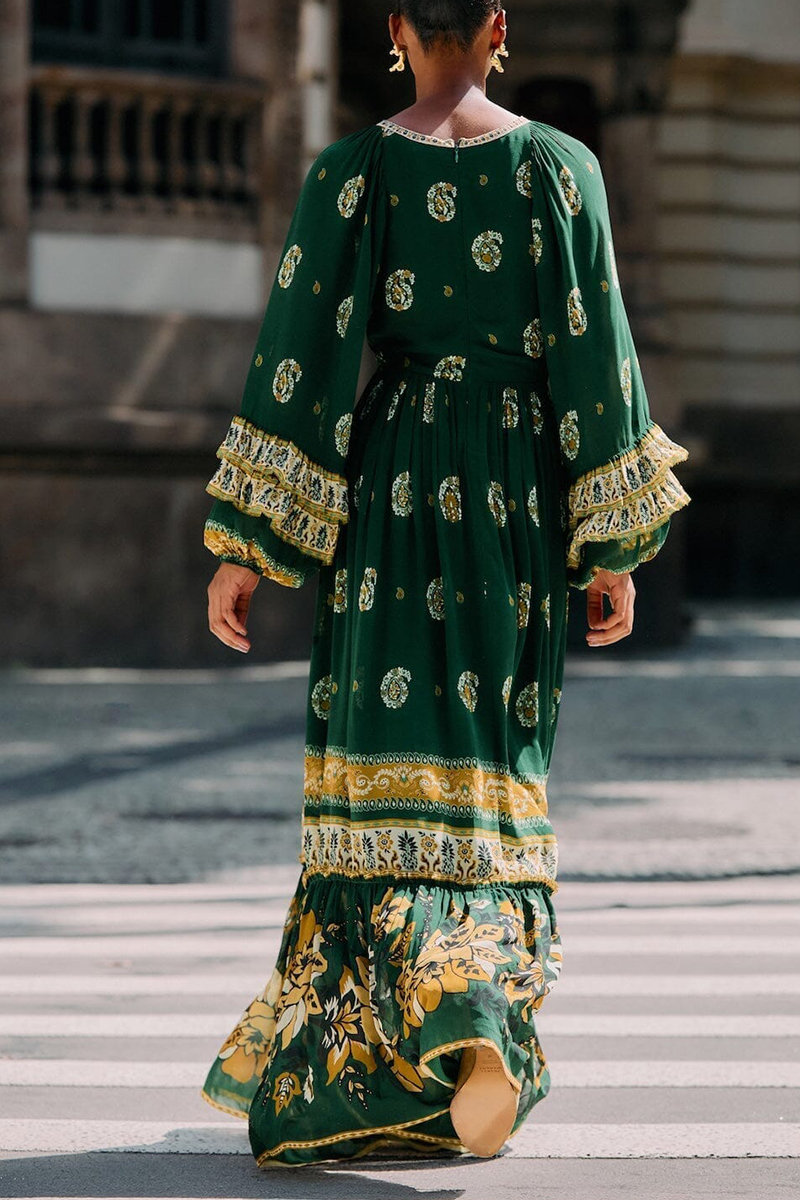 Women Deep V-neck Long-sleeved Printed Casual Maxi Dress