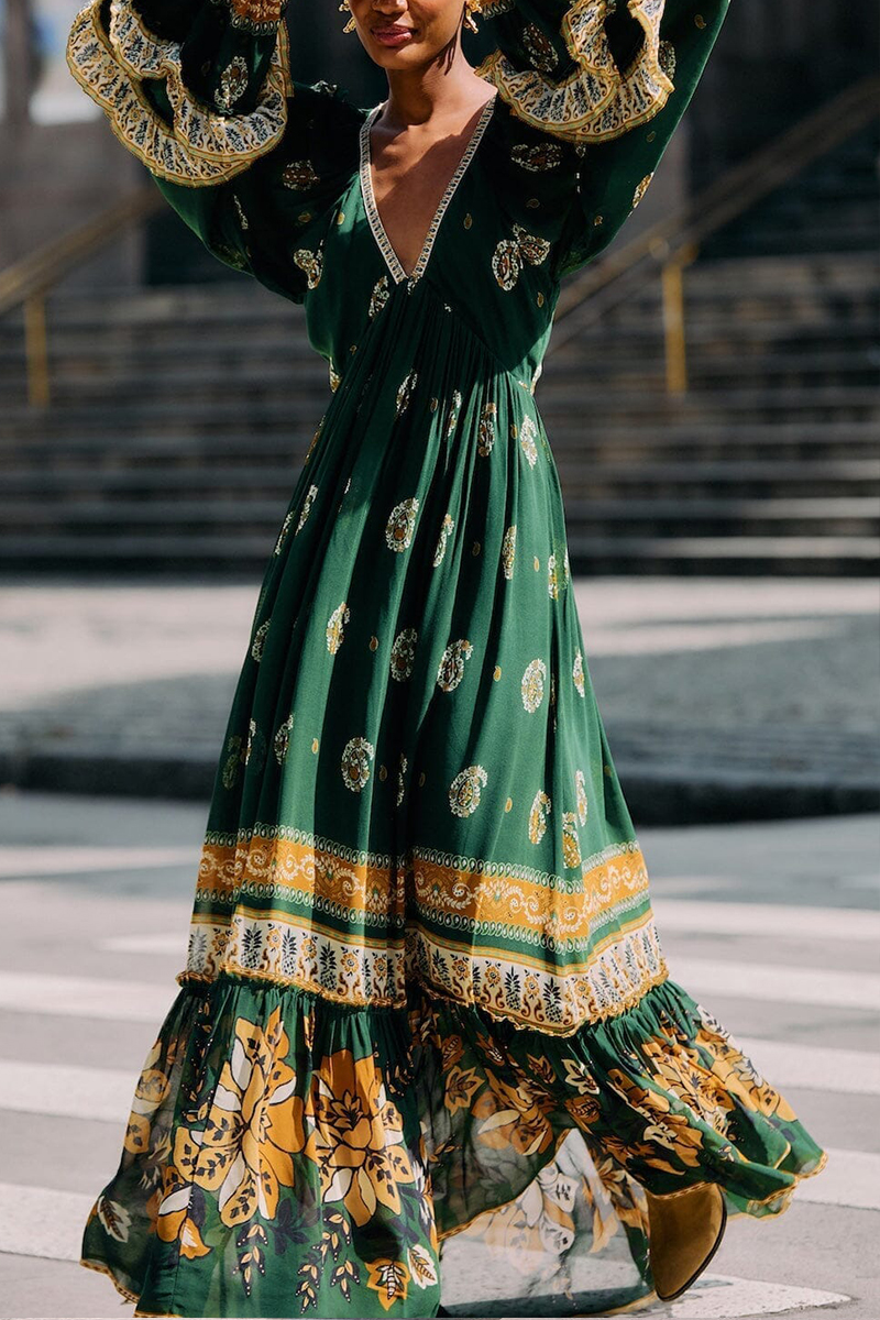 Women Deep V-neck Long-sleeved Printed Casual Maxi Dress