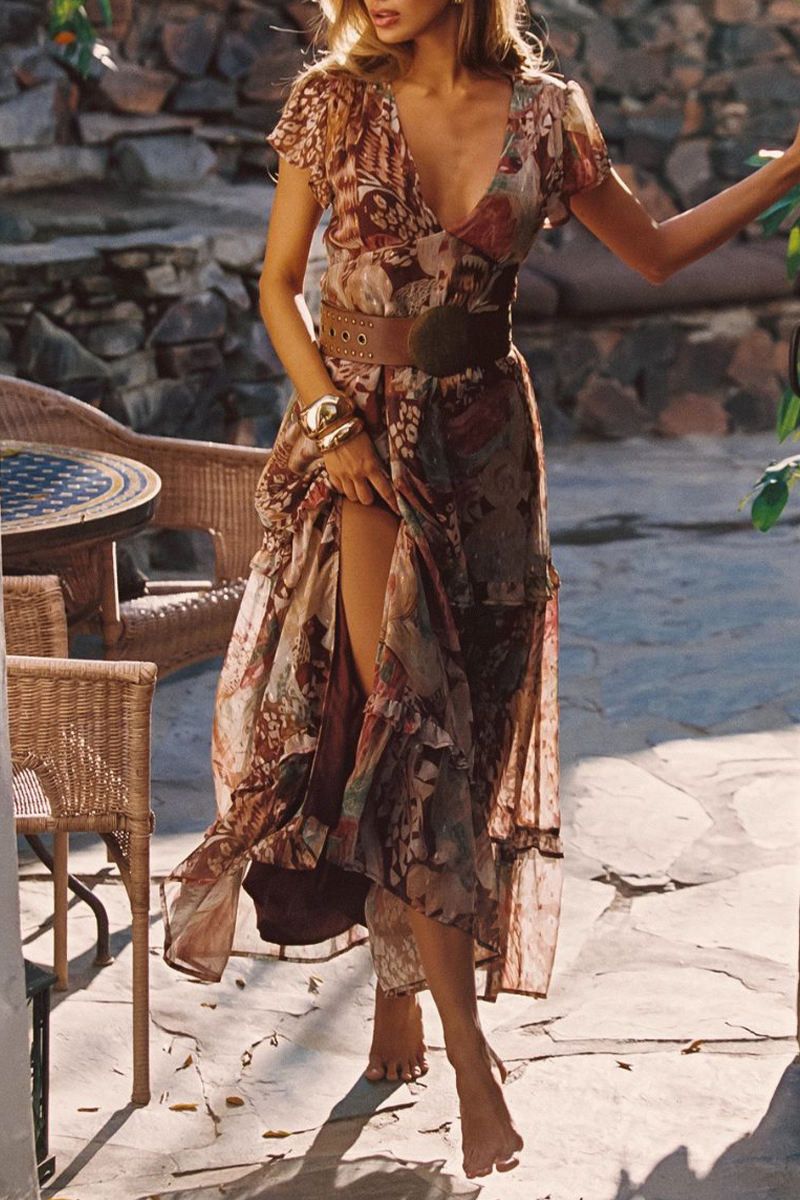 Women Deep V-neck Short-sleeved Printed Casual Maxi Dress