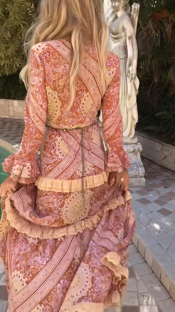 Women Long-sleeved Printed Patchwork Elegant Casual Maxi Dress with Lapel Collar