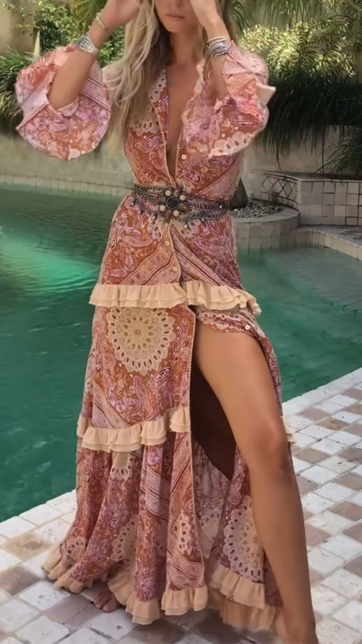 Women Long-sleeved Printed Patchwork Elegant Casual Maxi Dress with Lapel Collar