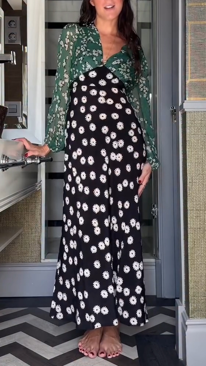 Women V-neck Long-sleeved Printed Patchwork Elegant Casual Maxi Dress