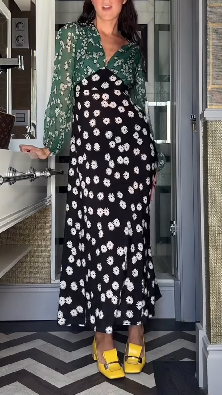 Women V-neck Long-sleeved Printed Patchwork Elegant Casual Maxi Dress