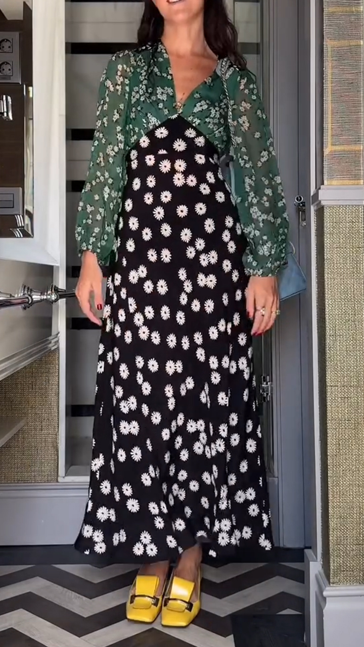 Women V-neck Long-sleeved Printed Patchwork Elegant Casual Maxi Dress