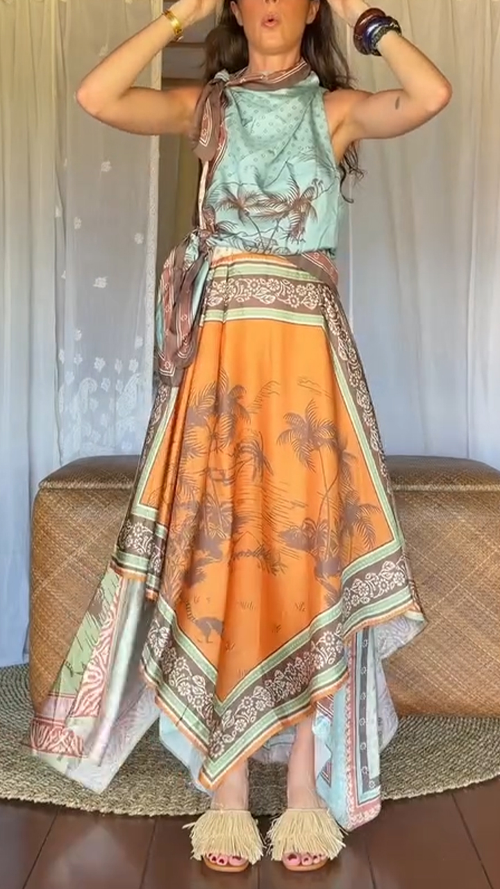 Women Round Neck Sleeveless Printed Patchwork Elegant Casual Maxi Dress