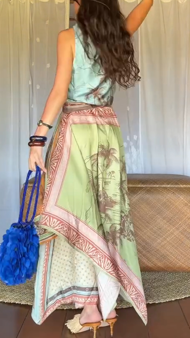 Women Round Neck Sleeveless Printed Patchwork Elegant Casual Maxi Dress