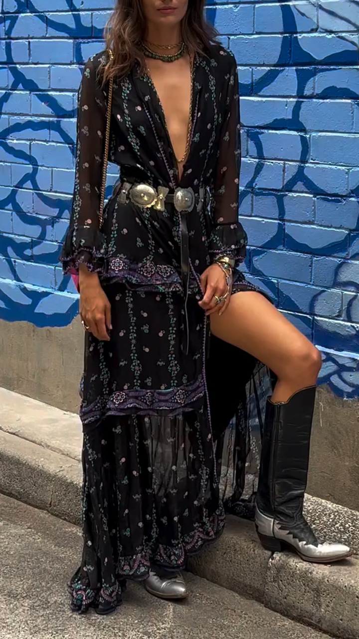 Women Deep V-neck Patchwork Printed Long-sleeved Casual Maxi Dress