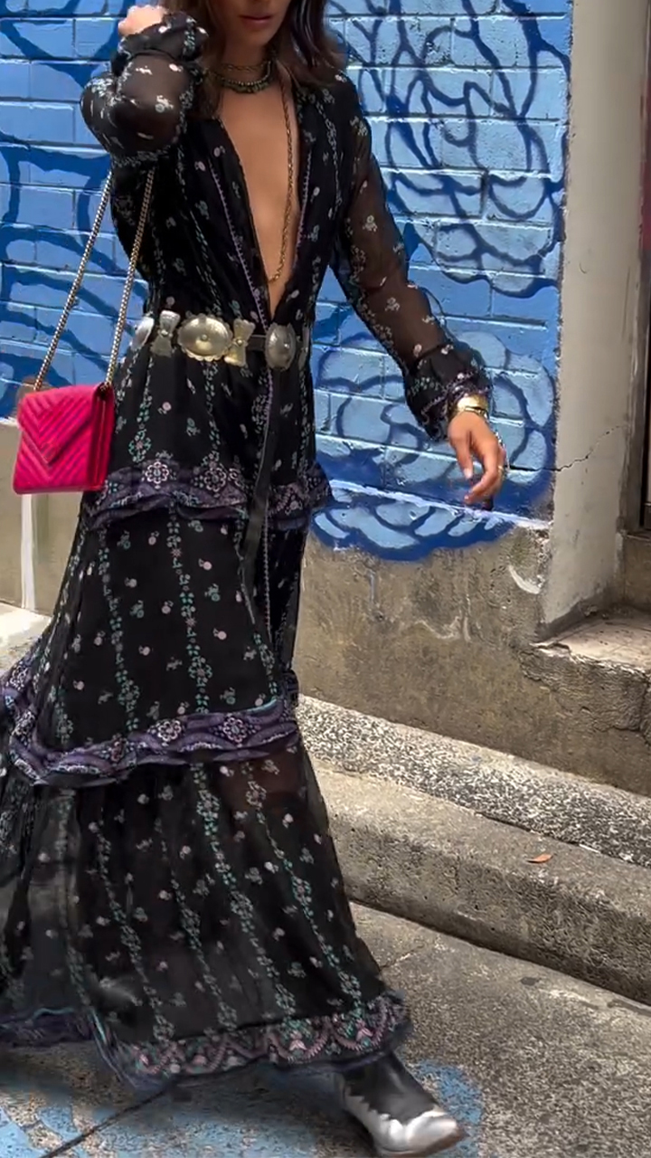 Women Deep V-neck Patchwork Printed Long-sleeved Casual Maxi Dress