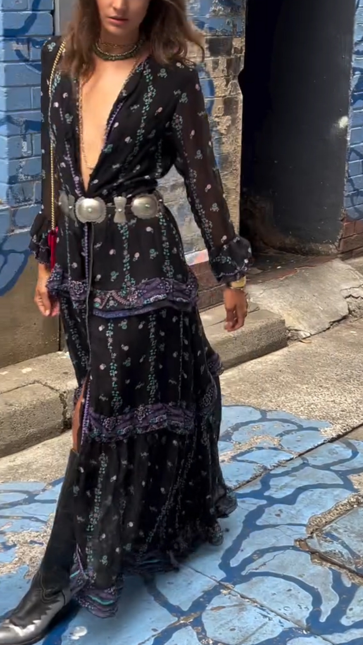 Women Deep V-neck Patchwork Printed Long-sleeved Casual Maxi Dress