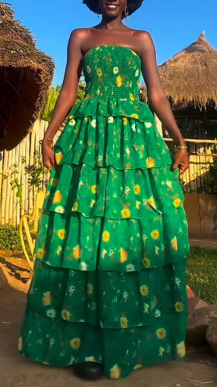 Women Strapless Sleeveless Printed Patchwork Elegant Temperament Maxi Dress