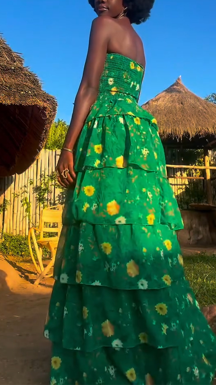 Women Strapless Sleeveless Printed Patchwork Elegant Temperament Maxi Dress