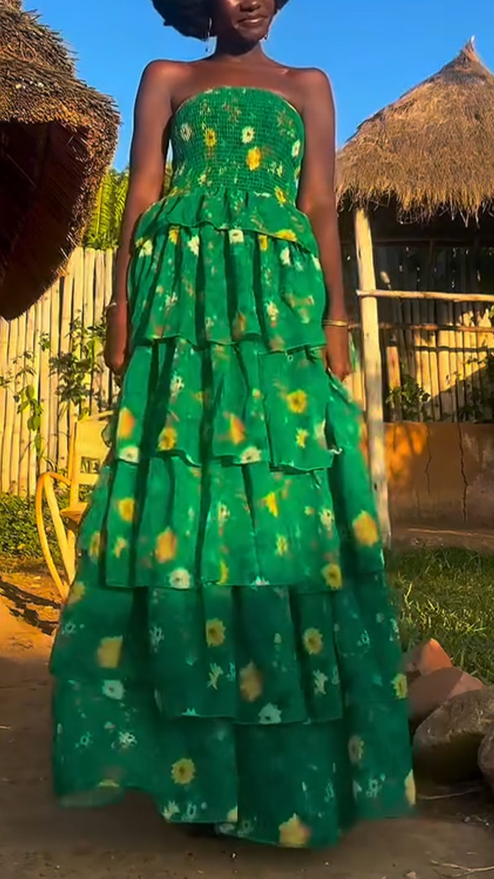 Women Strapless Sleeveless Printed Patchwork Elegant Temperament Maxi Dress