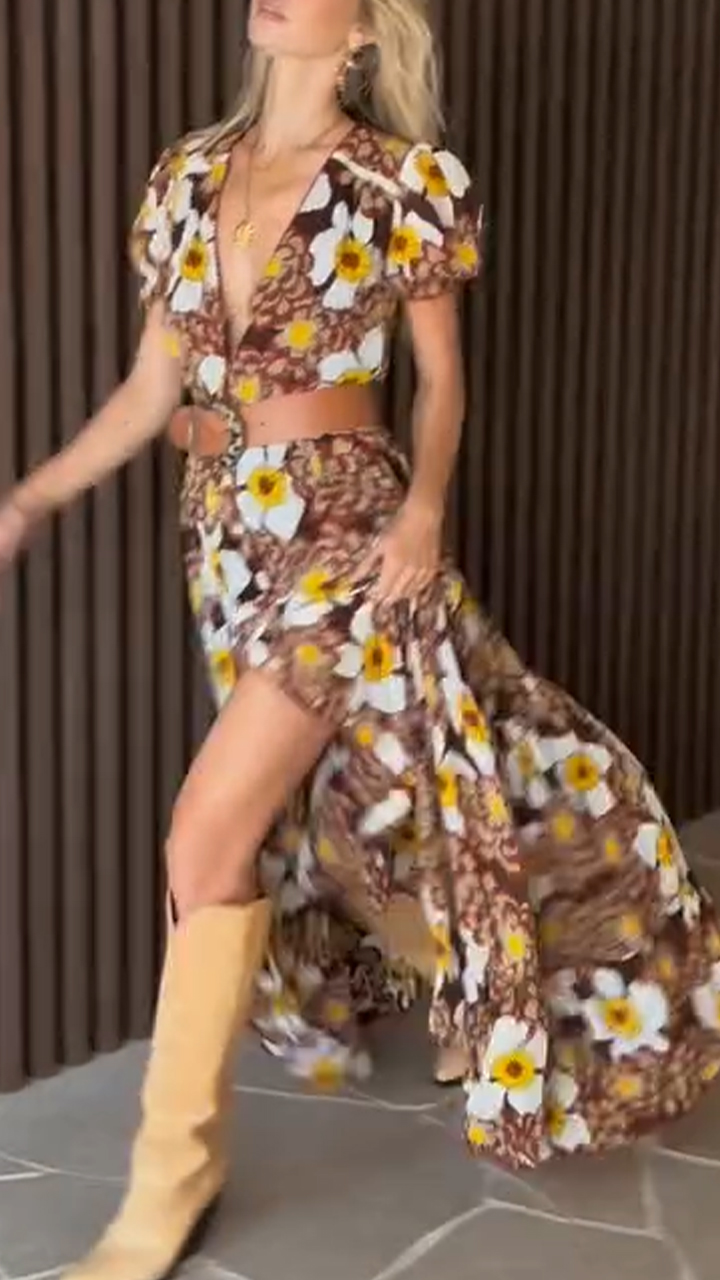 Women Deep V-print Short Sleeved Casual Maxi Dress with Temperament