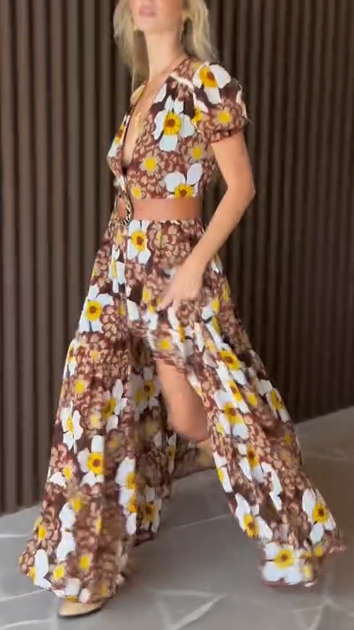 Women Deep V-print Short Sleeved Casual Maxi Dress with Temperament