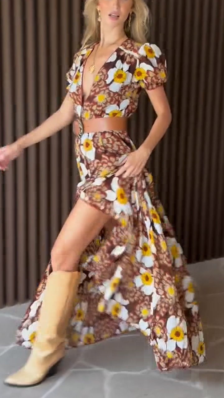 Women Deep V-print Short Sleeved Casual Maxi Dress with Temperament