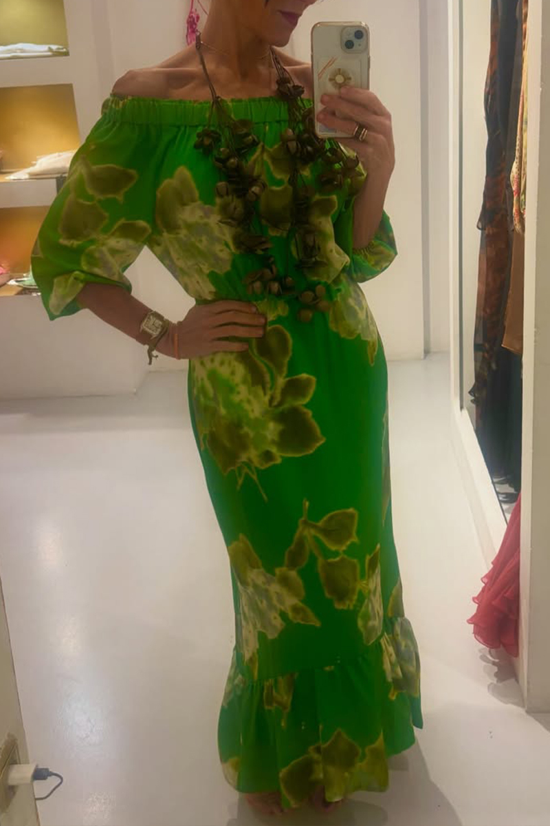 Women One Collar Printed Elbow Long Sleeved Elegant Temperament Maxi Dress