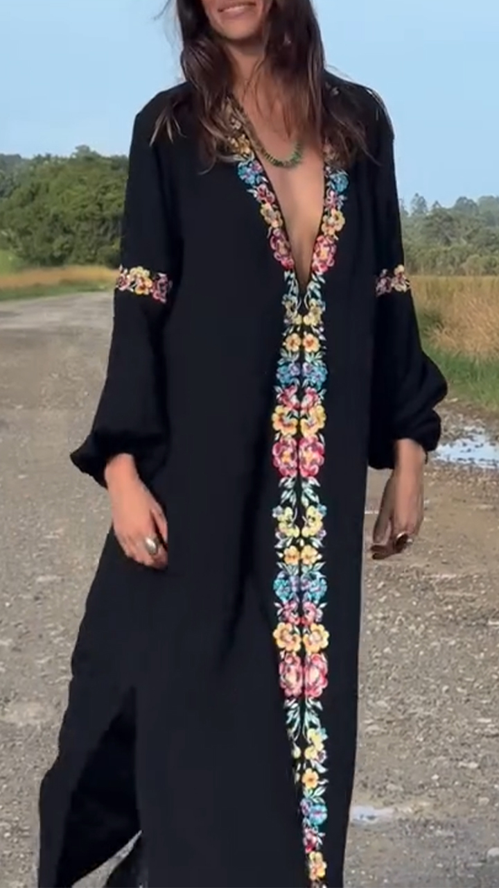 Women Deep V-neck Long Sleeved Printed Casual Maxi Dress