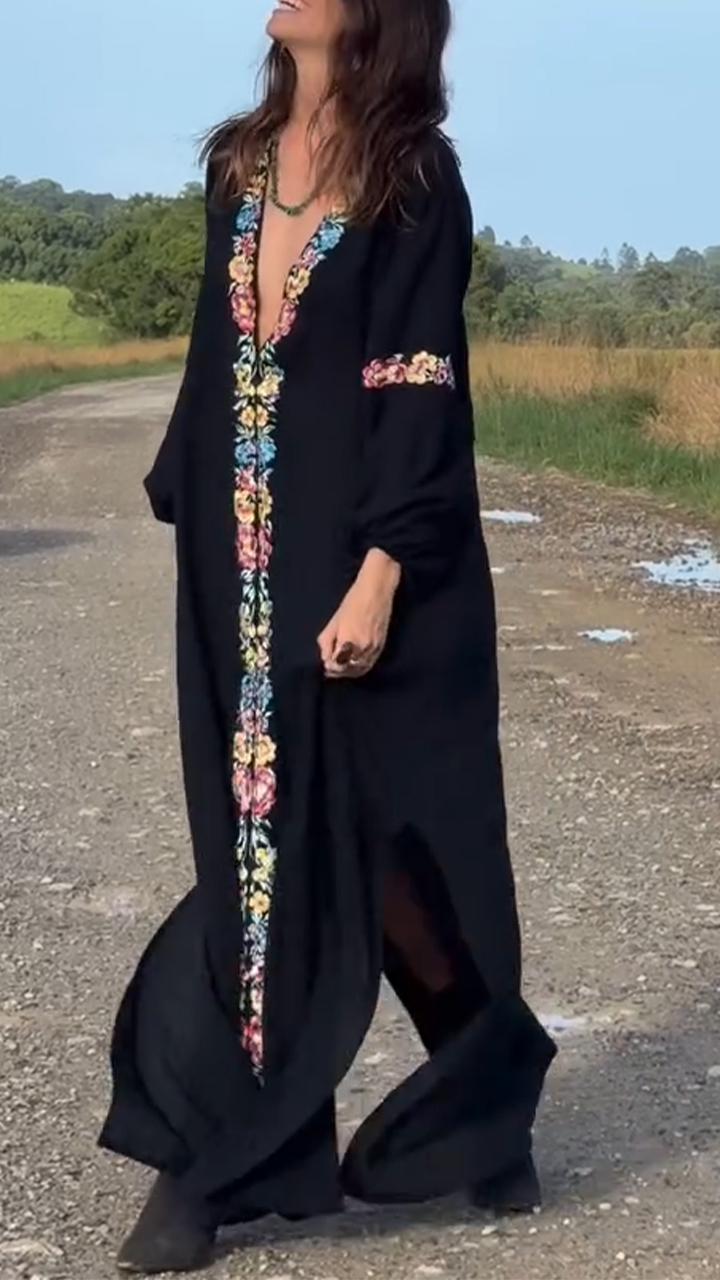 Women Deep V-neck Long Sleeved Printed Casual Maxi Dress