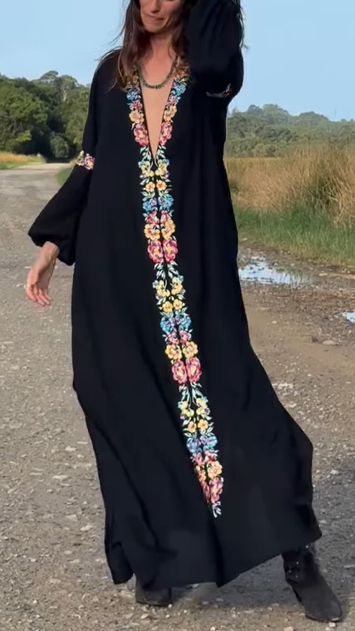Women Deep V-neck Long Sleeved Printed Casual Maxi Dress