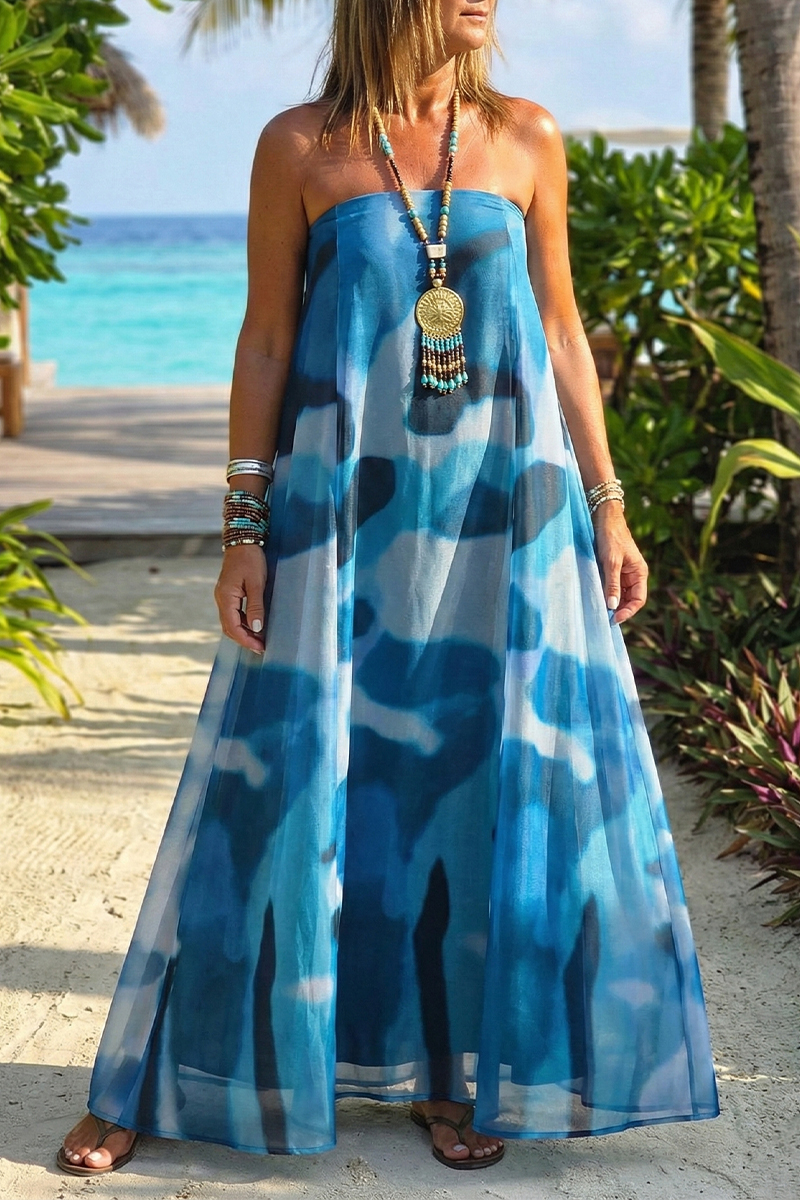 Women Strapless Sleeveless Printed Casual Long Dress
