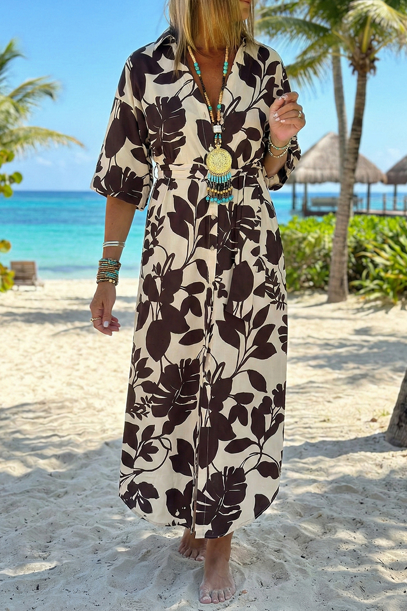 Women Collar Print Half Elbow Sleeve Casual Long Dress
