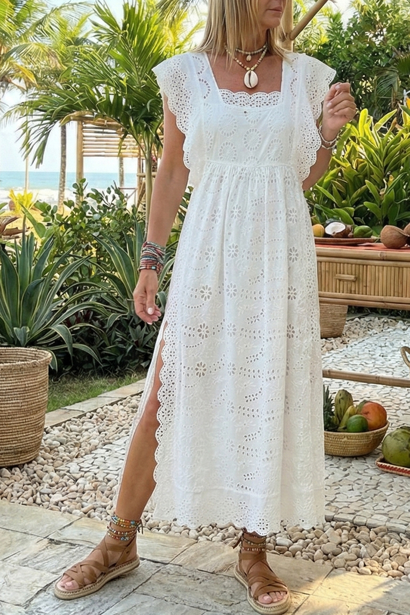 Women Square Neck Hollow Short Sleeved Slit Elegant Casual Maxi Dress