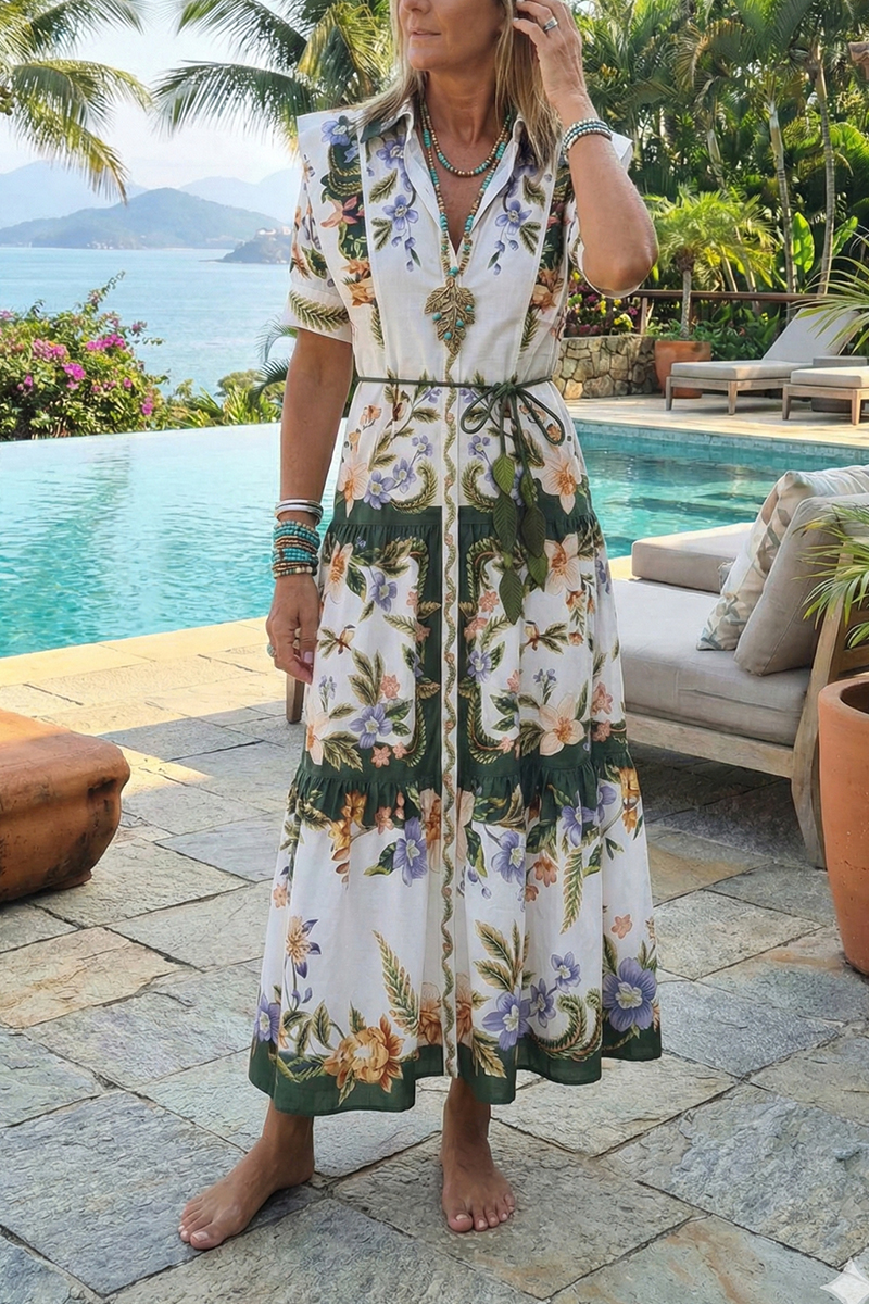 Women Collar Short Sleeved Printed Elegant Casual Maxi Dress