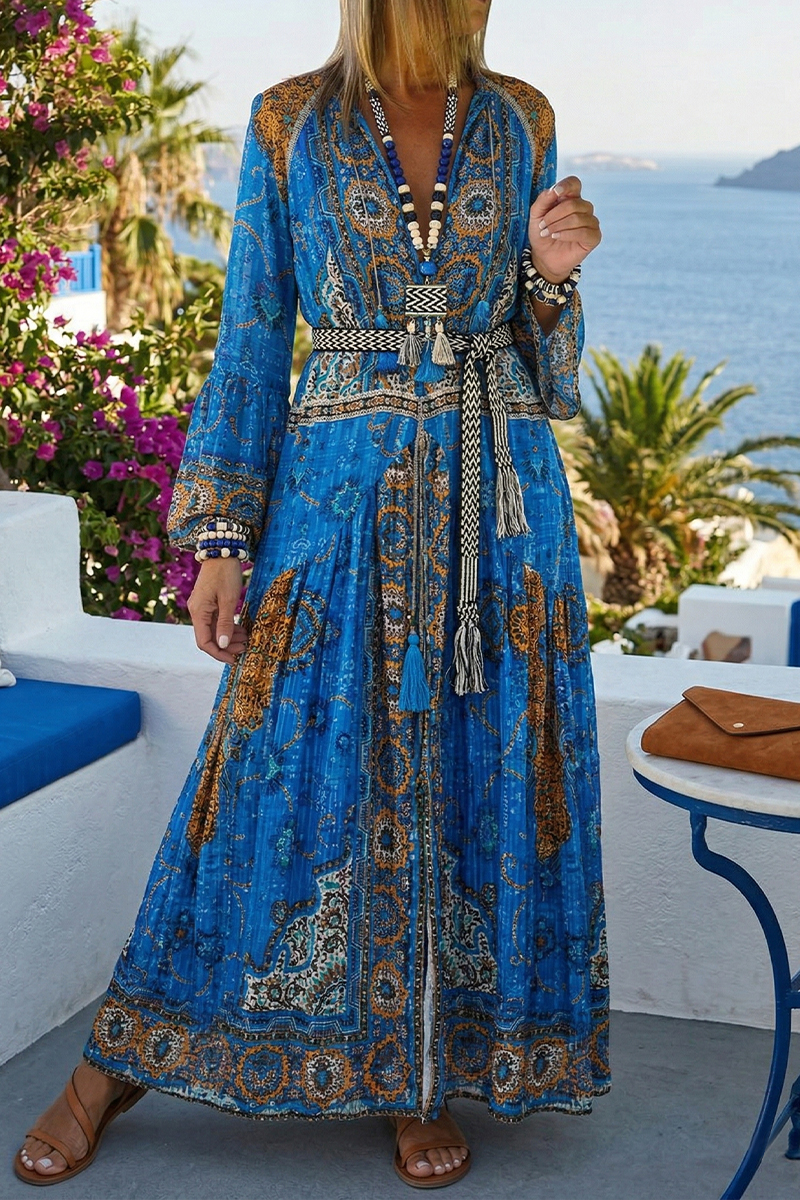 Women Deep V-neck Long Sleeved Printed Elegant Casual Maxi Dress