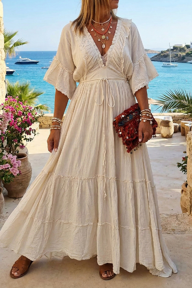 Women Deep V-neck Half Sleeved Solid Color Elegant Casual Maxi Dress