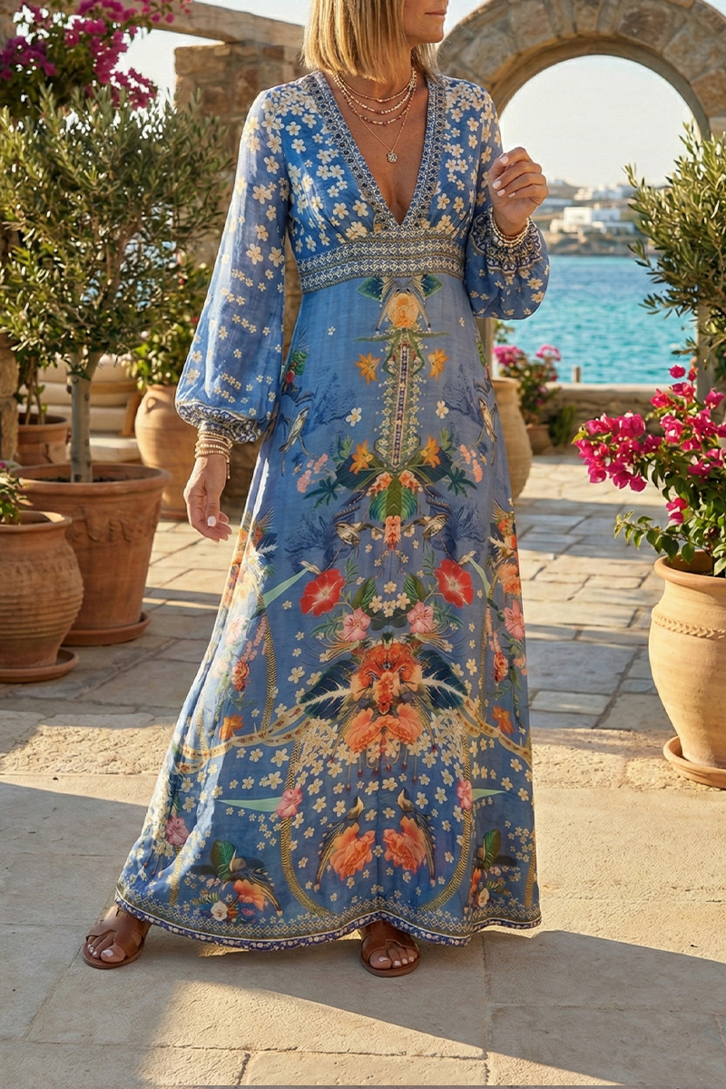 Women Deep V-neck Long Sleeved Patchwork Print Elegant Casual Maxi Dress