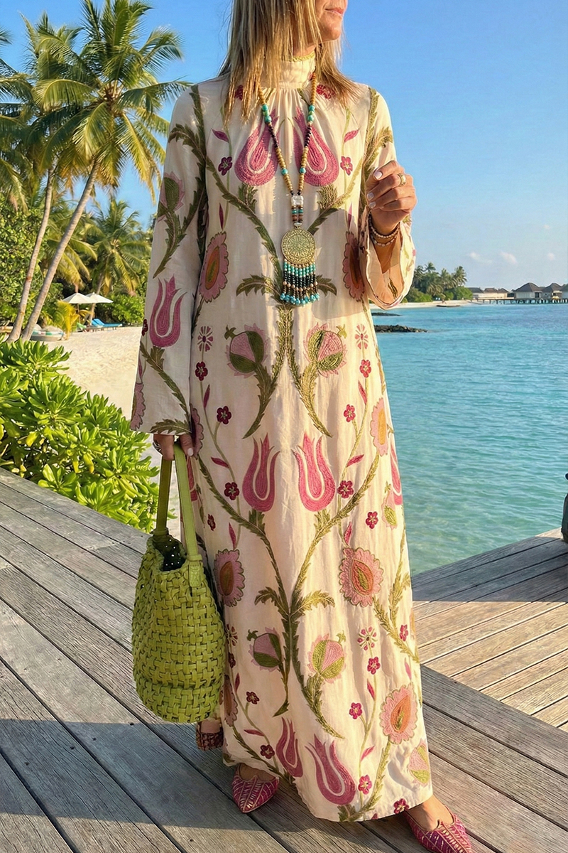 Women Round Neck Long Sleeved Printed Elegant Casual Maxi Dress