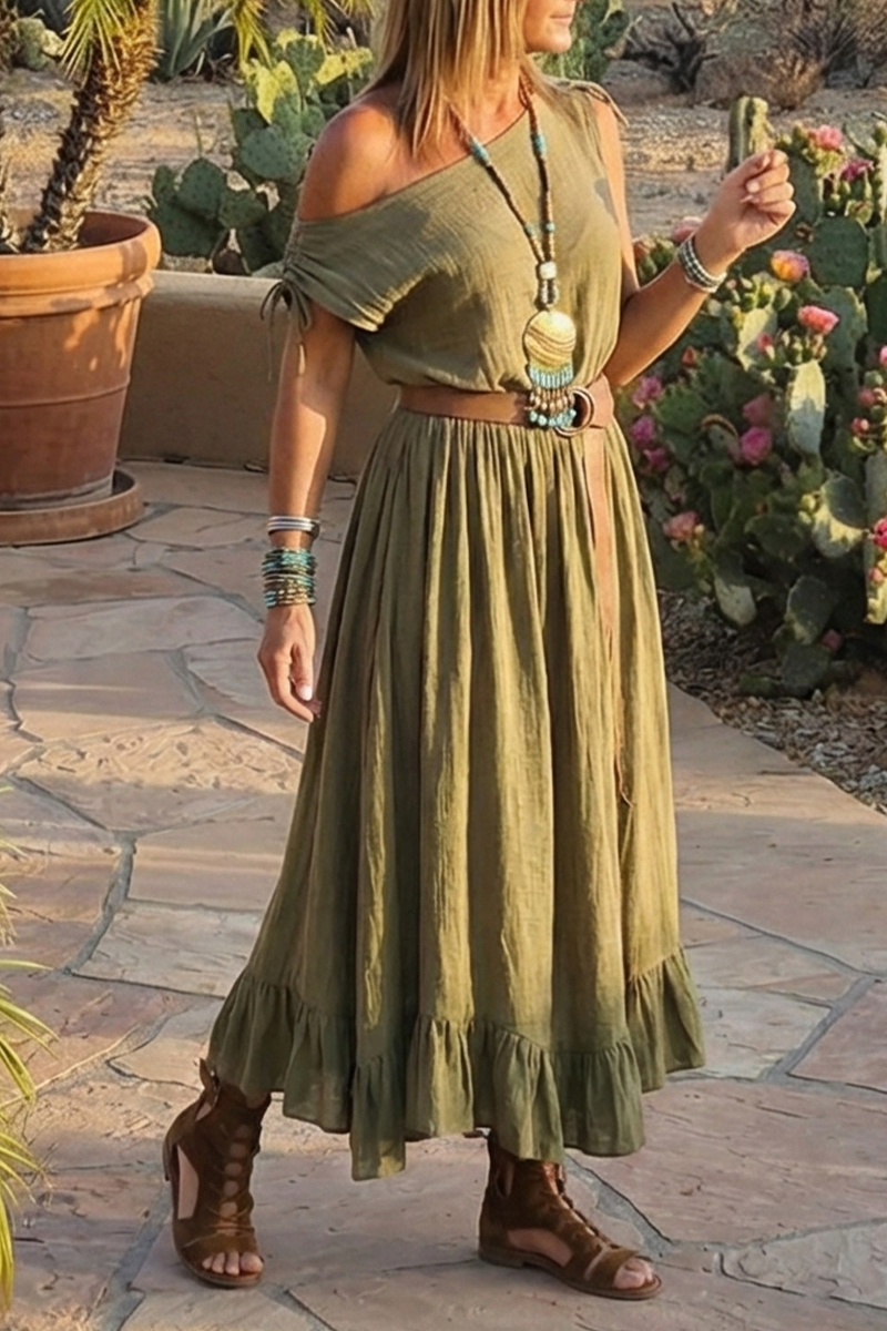 Women Off-shoulder Short-sleeved Solid Color Patchwork Casual Maxi Dress