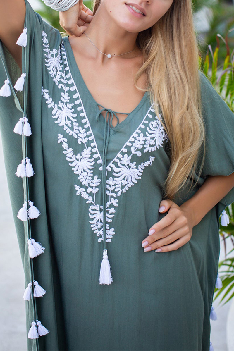 Women V-neck Half Sleeved Tassel Embroidered Casual Maxi Dress