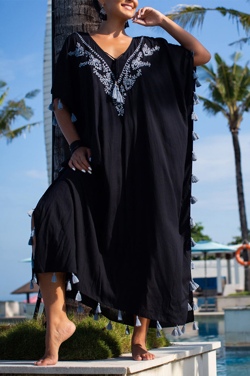 Women V-neck Half Sleeved Tassel Embroidered Casual Maxi Dress