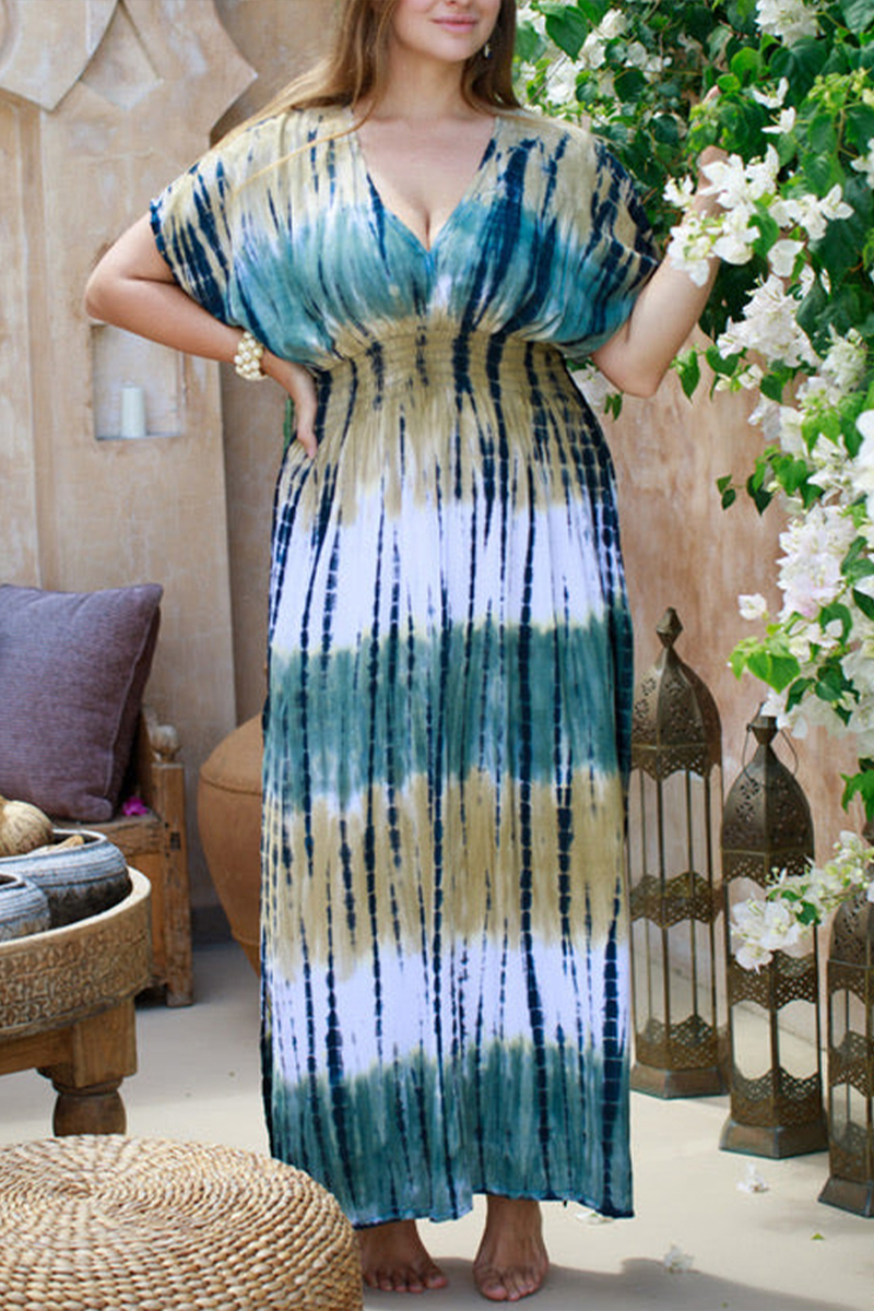 Women V-neck Short Sleeved Tie Dye Textured Casual Maxi Dress