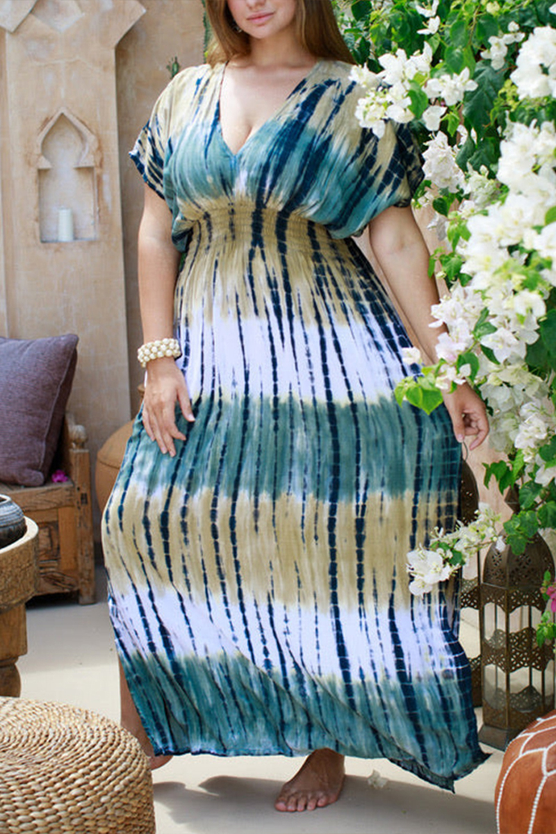 Women V-neck Short Sleeved Tie Dye Textured Casual Maxi Dress