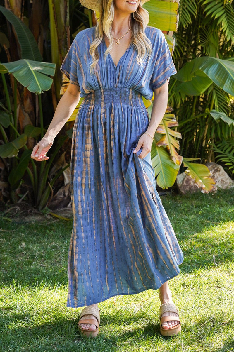 Women V-neck Short Sleeved Tie Dye Textured Casual Maxi Dress