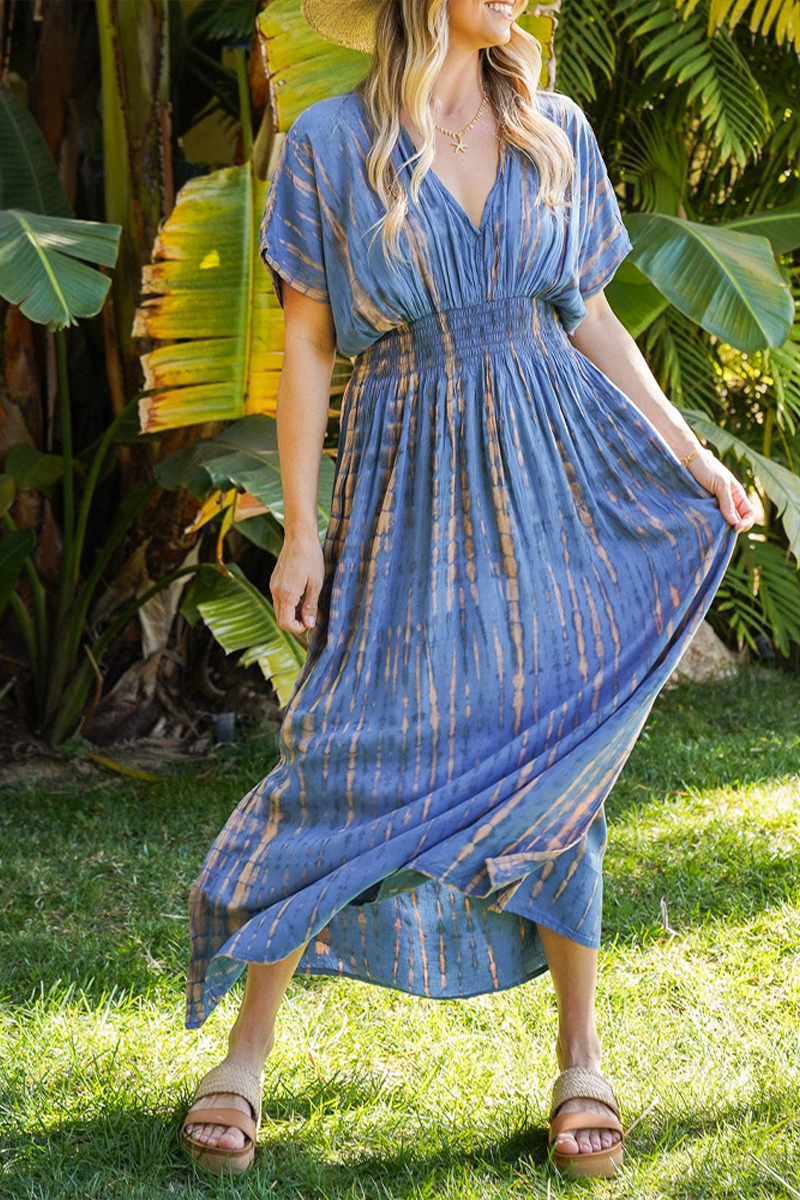 Women V-neck Short Sleeved Tie Dye Textured Casual Maxi Dress