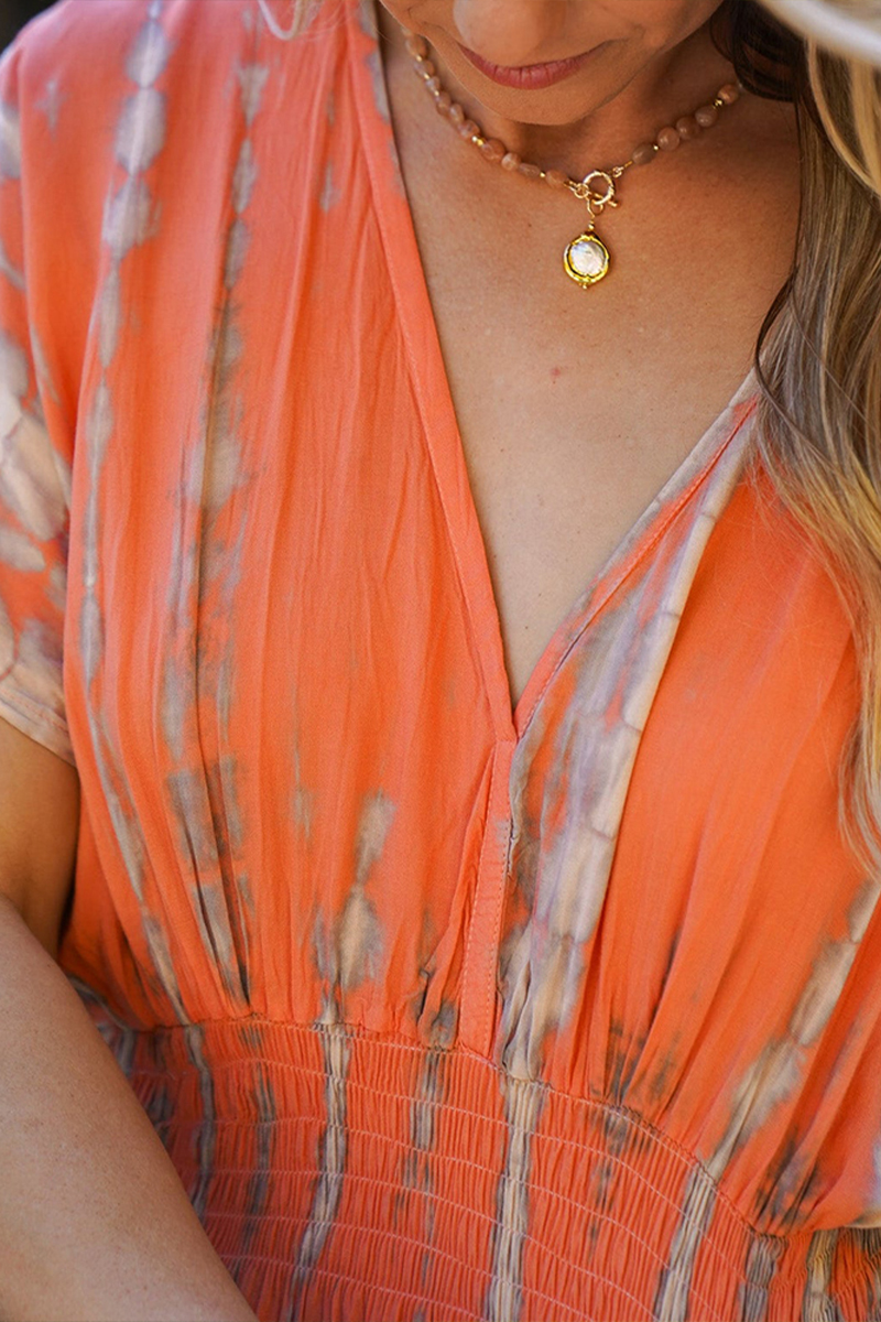 Women V-neck Short Sleeved Tie Dye Textured Casual Maxi Dress