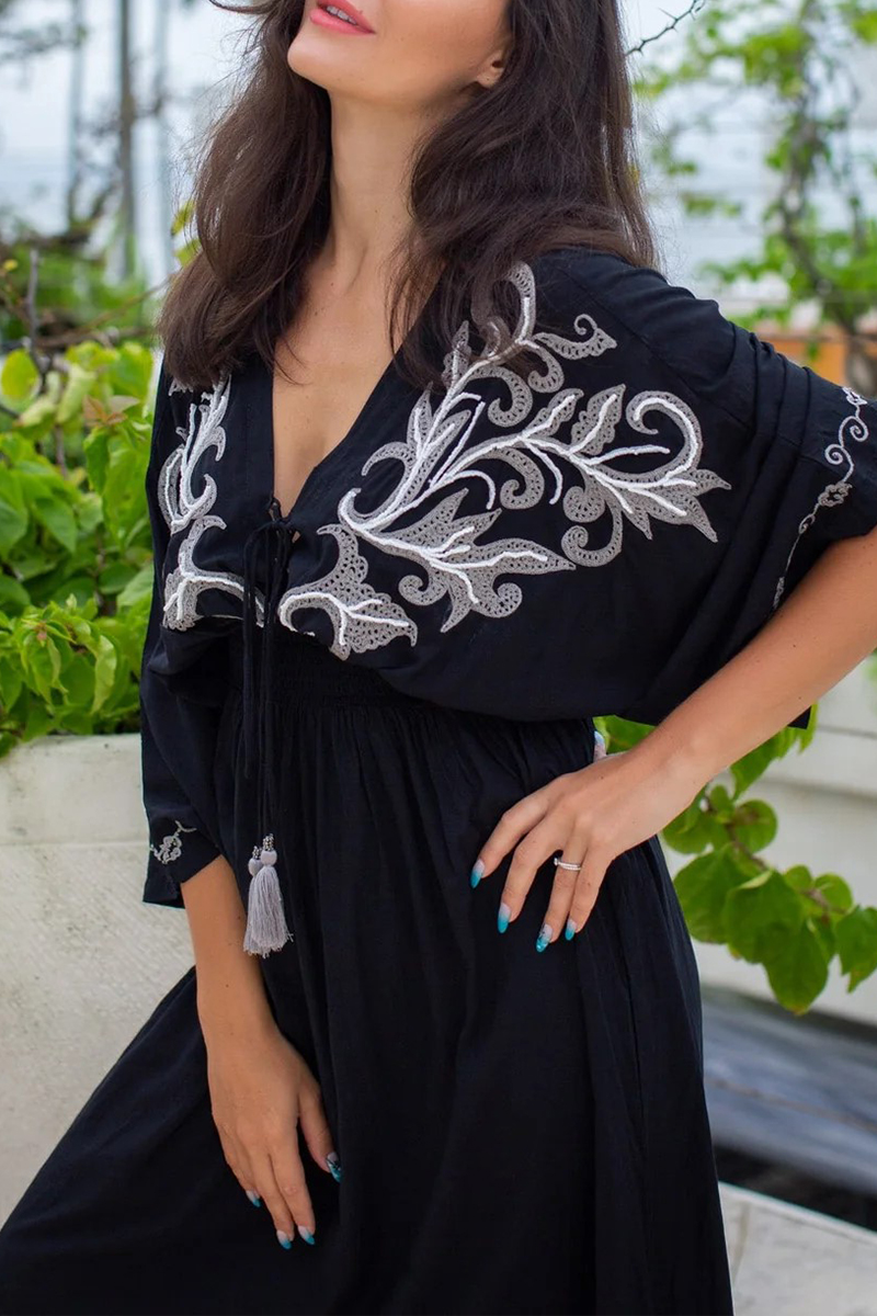 Womens Deep V-neck Half Elbow Sleeve Embroidered Casual Maxi Dress